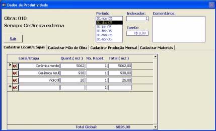 Cadastrar > Dados da Produtividade Esta tela é o coração do programa. Nela, o usuário relaciona todos os dados inseridos anteriormente, podendo, dessa maneira, chegar a índices produtividade.