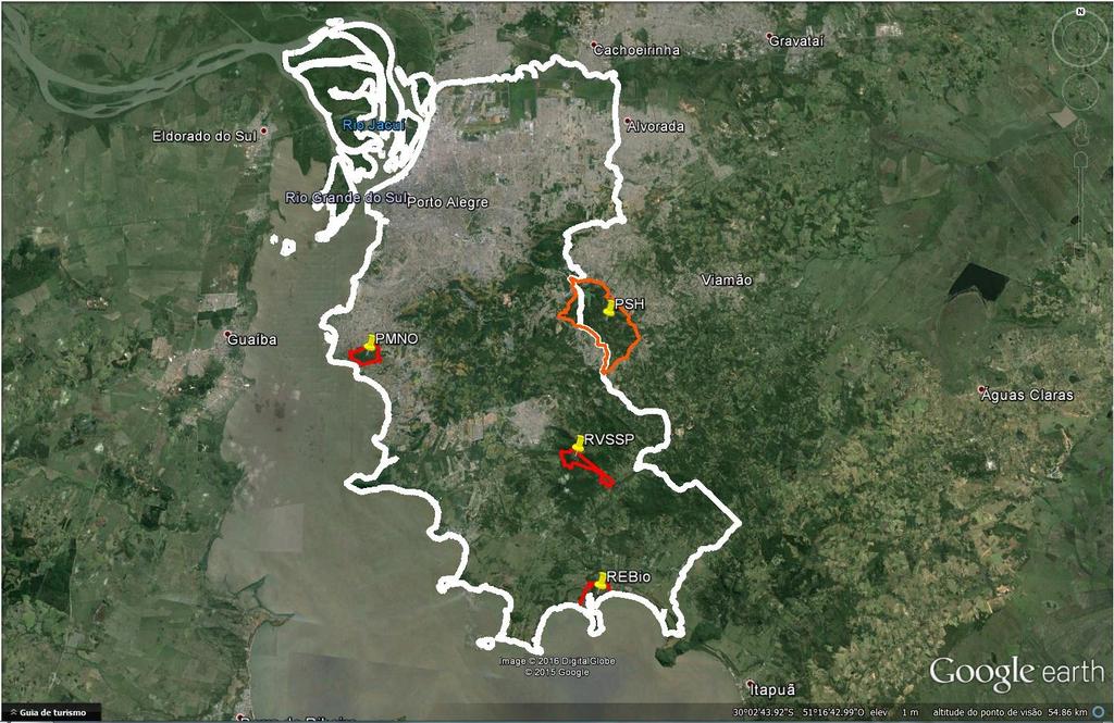 Figura 2: Imagem de satélite de Porto Alegre, demonstrando as suas unidades de conservação: Parque Natural Morro do Osso (PMNO); Reserva Biológica do Lami (REBio); Parque Natural Municipal Saint