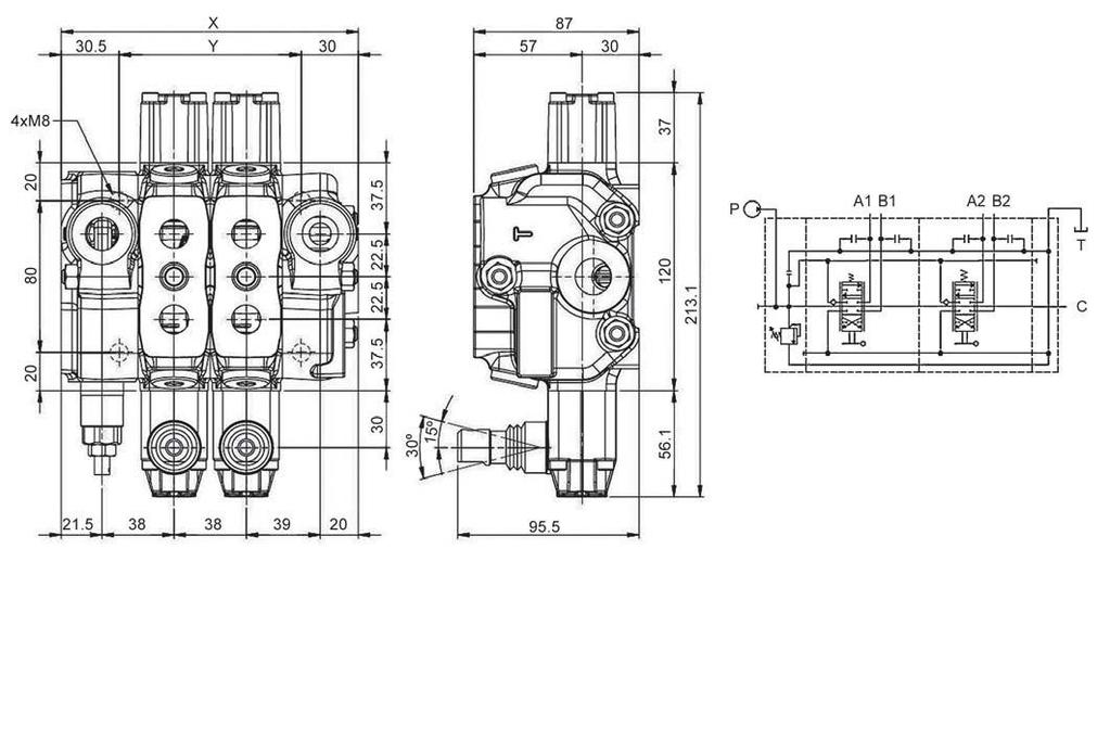 Distribuidor Aplicável (ABZ) Pilling-Up Directional Control Valves (ABZ) Secções Sections X (mm) Y (mm) 1S 118.5 58 2S 156.5 96 3S 194.5 134 4S 232.5 172 5S 270.5 210 6S 308.5 248 7S 346.5 286 8S 384.