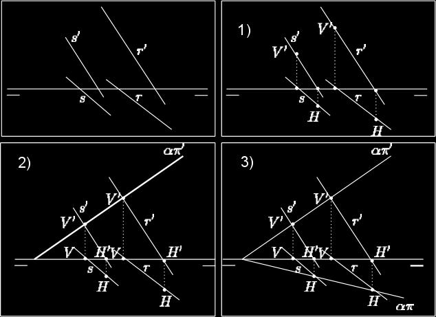 ponto. Exemplo: Vejamos o passo-a-passo para encontrar os traços do plano que contém a reta ( e o ponto (A). 1) Escolhemos um ponto auxiliar sobre a reta (.