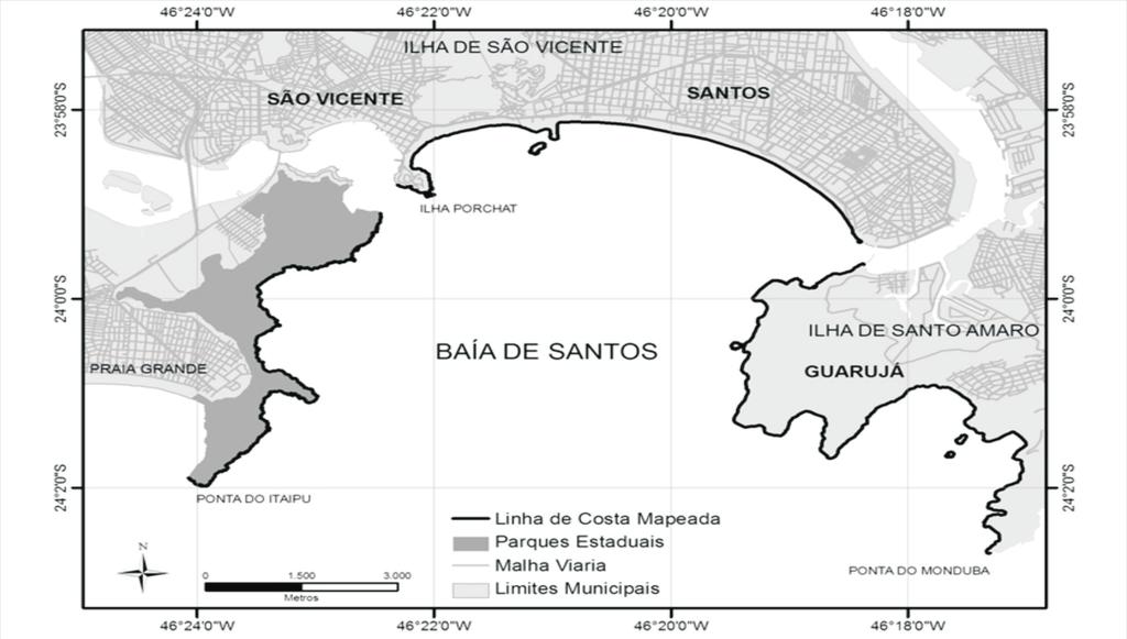 Sensibilidade ambiental ao derrame de óleo da linha de costa... Fig. 1 - Imagem ilustrativa da área de estudo com a linha de costa mapeada na Baía de Santos. 2.