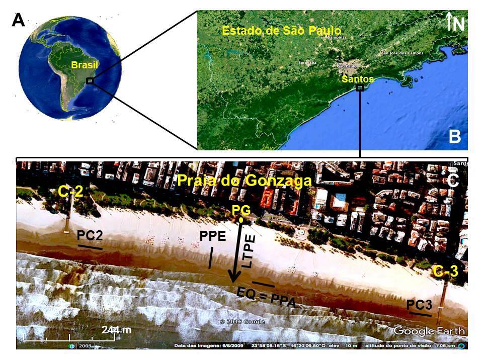 Figura 1. Áreas de amostragens no litoral Centro do Estado de São Paulo, Brasil (A), onde se situa o Município de Santos (23º58 10,4 S - 46º20 04,5 W) (B).