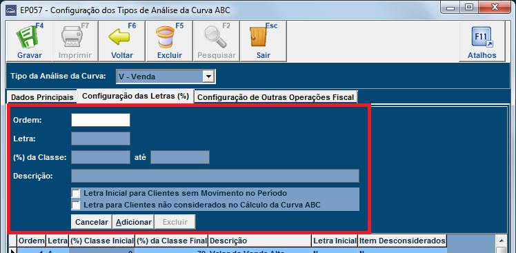 Figura 4: Configuração de operações fiscais com função diferente de "Venda" Na aba Configuração das Letras (%) estão