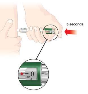 NÃO selecione a sua dose pela contagem de cliques, porque você pode selecionar a dose incorreta. A Injete sua dose B 5 segundos Insira a agulha de acordo com a orientação do seu médico.