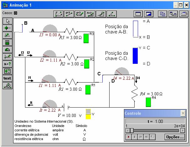 10 um quarto resistor. Os amperímetros registram a corrente elétrica que passa em cada resistor em qualquer posição das chaves.