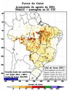 detectadas queimadas passou a ser arquivado regularmente no CPTEC. Os 131.638 focos detectados pelo NOAA-12 no período foram agrupados segundo as cinco classes de risco de fogo calculadas pelo modelo.