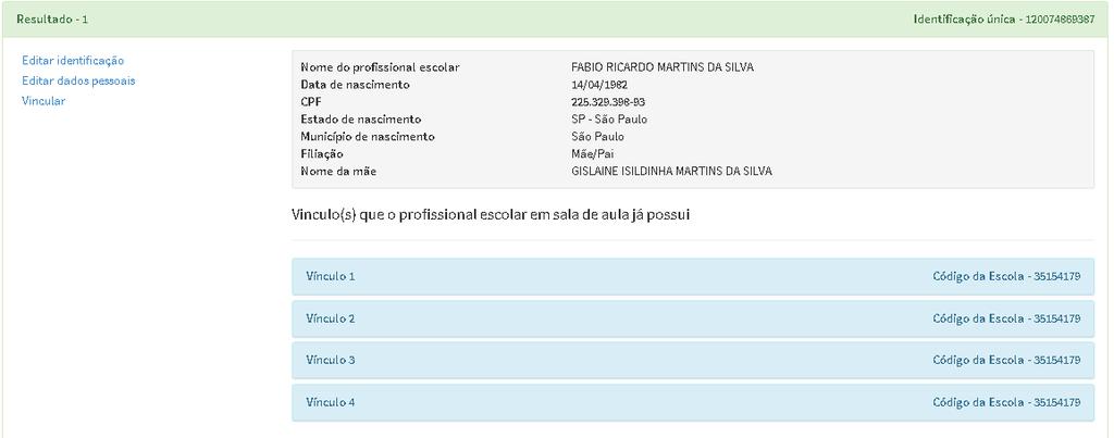 Cadastro do Profissional em Sala de Aula Corrigir vínculo