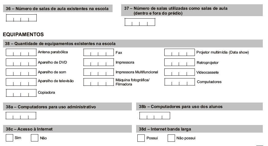 Cadastro de Escola Caracterização e Infraestrutura Equipamentos aguardando instalação, com condições de conserto,