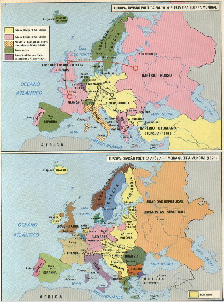 Mapa da 1ª GM Europa antes e depois do confronto - Identificar os diferentes grupos políticos atuantes nas Revoluções Russas.