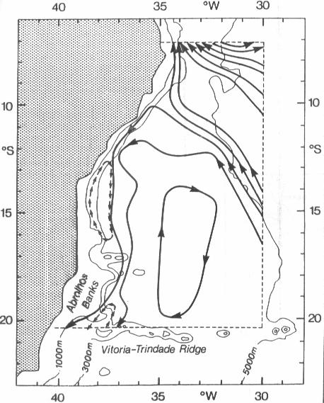 recirculação obtiveram valores aproximados de 7,5 Sv nos primeiros 800 metros de profundidade o que leva a um transporte para sul na latitude média de 33º S de aproximadamente 18 Sv.