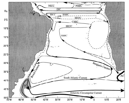 Figura 6.10 Representação esquemática da circulação oceânica no Oceano Atlântico Sudoeste para os níveis compreendidos entre 500 e 1200 metros de profundidade.
