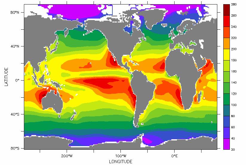 Figura 2.4 Campo médio anual de radiação de onda curta do banco de dados OMIP para a região da bacia do Atlântico Sul. Os dados encontram-se em unidades de W/m2.