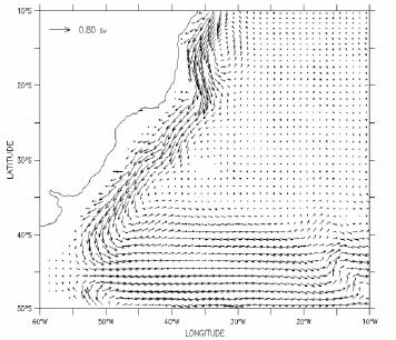 Figura 3.15 Circulação oceânica média para o mês de Janeiro para o sétimo ano de integração (em unidades de Sverdrups) ao nível de 2000 metros para a região sudoeste da bacia do Atlântico Sul. 3.1.1 O transporte de volume Na figura 3.