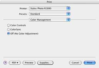 7. Selecione Color Management (Controle de Cores) no menu pop-up. IMPORTANTE: Selecione Off (No Color Adjustment) (Não [Sem ajuste de cor]). 8.