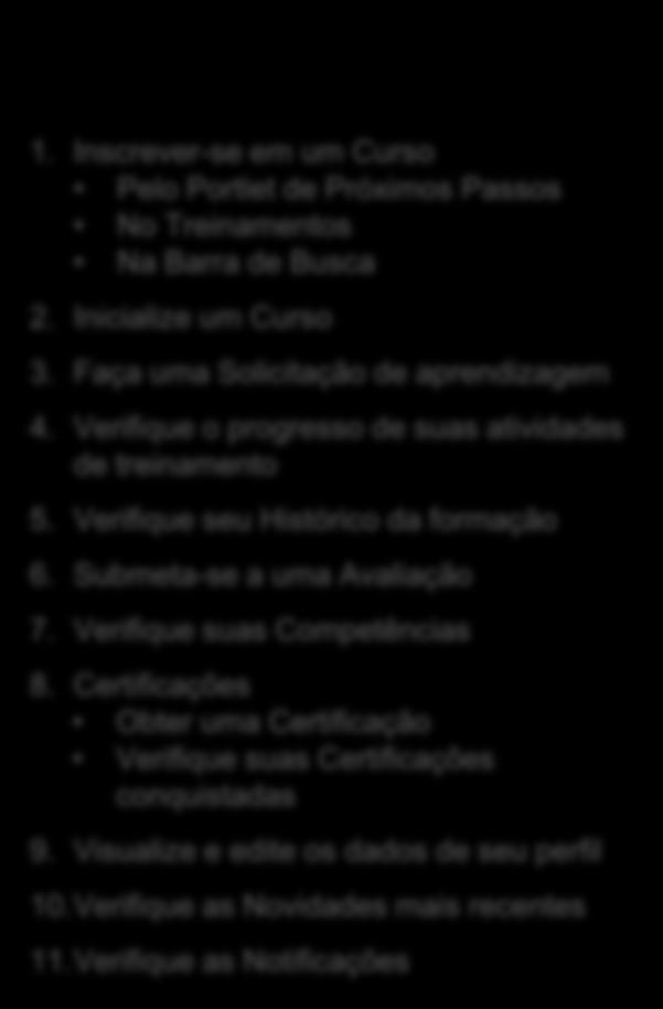 Verifique o progresso de suas atividades de treinamento 5. Verifique seu Histórico da formação 6. Submeta-se a uma Avaliação 7. Verifique suas Competências 8.