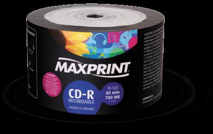 CD-R Printable Armazena dados, músicas, imagens, vídeos e filmes Gravação e reprodução em velocidade 52x Gravam até 700 MB/80 minutos de informação quando utilizado com o drive