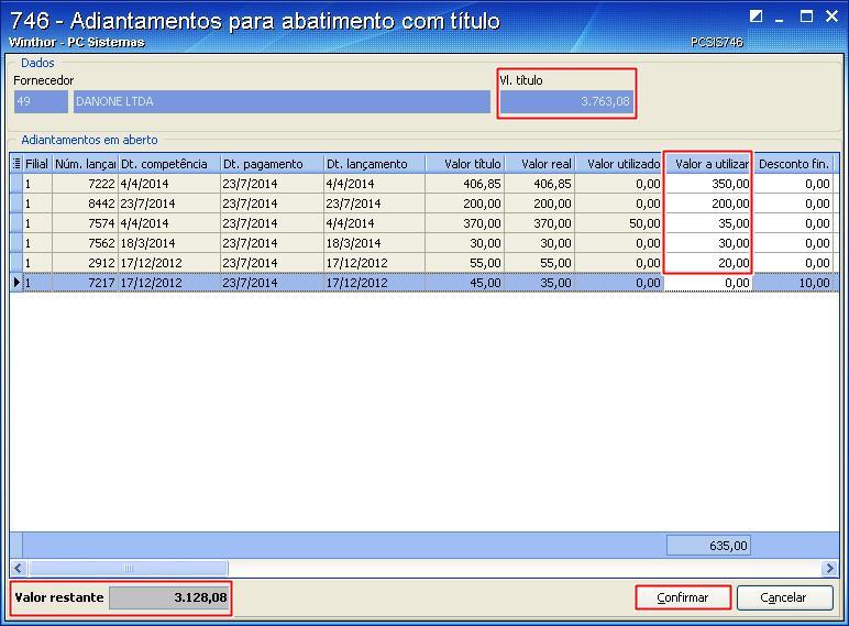 5.8 Preencha o campo Valor a utilizar da planilha Adiantamentos em aberto; 5.9 Clique o botão Confirmar para efetuar o vínculo dos adiantamentos com o título.