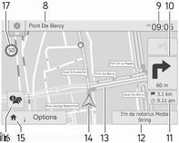 90 Navegação 8. Nome da próxima estrada principal ou informação sobre sinal de estrada, se aplicável 9. Hora actual 10. Sentido e distância até à próxima mudança de sentido 11.