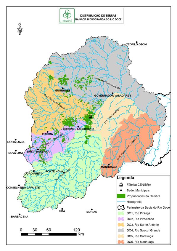 LOCALIZAÇÃO E OCUPAÇÃO DAS ÁREAS As áreas de plantios florestais da CENIBRA estão localizadas na região centro-leste do Estado de Minas Gerais, inseridas quase que totalmente na Bacia Hidrográfica