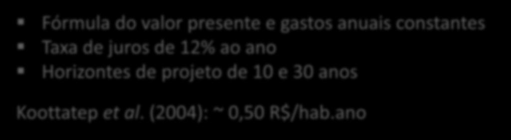 Custos de implantação e operação Etapa Giraldi et al. (2009) Giraldi e Iannelli (2009) Mínima Máxima Mínima Máxima População (hab) 1140 3799 1140 3799 Custo implantação de TS (R$/hab.