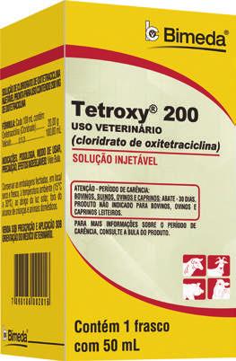 TETROXY 200 Antibiótico injetável de amplo espectro e ação prolongada Atua contra um grande número de micro-organismos gram-positivos e gram-negativos. ANTIBIÓTICOS Oxitetraciclina (Cloridrato).
