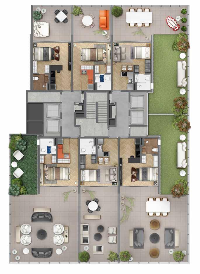 IMPLANTAÇÃO 1 PAVIMENTO / GARDEN INFRAESTRUTURA DO AR CONDICIONADO* SERÁ ENTREGUE ÁGUA QUENTE NA COZINHA E BANHEIRO, COM MISTURADORES MONOCOMANDOS AQUECIMENTO CENTRAL DE ÁGUA PISO COM ISOLAMENTO