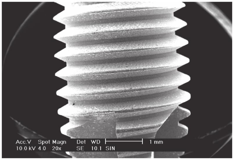 Implantes com conexão cônica interna Figura 6 Aspecto macro-geométrico dos implantes livres de impurezas. Superfície 500 X Superfície 6.000 X Figura 7 Superfície dos implantes desenvolvidos.