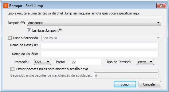 Para iniciar uma sessão de Shell Jump, abra a caixa de diálogo Shell Jump do: Menu Suporte do console de suporte técnico Botão Shell Jump no topo do console de suporte técnico Selecione um Jumpoint e