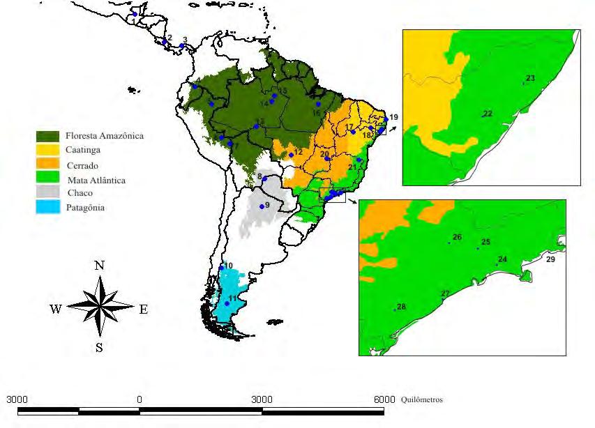 72 Figura 25: 1 Chinajá, 2 La Selva, 3 Barro Colorado Island, 4 Santa Cecília, 5 Iquitos, 6 Cocha Cashu, 7 Cuzco Amazonico, 8 Chaco Paraguaio, 9 Chaco Argentino, 10 Norte da Patagônia, 11 Sul da