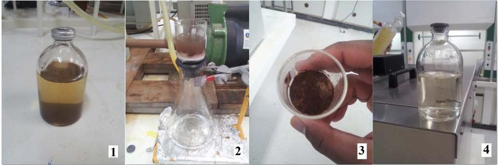 46 Figura 31. 1) Solução após autoclavagem; 2)Filtragem com cadinho filtrante; 3) Lignina fixada no cadinho (Lignina insolúvel); 4) Lignina solúvel presente na solução filtrada.