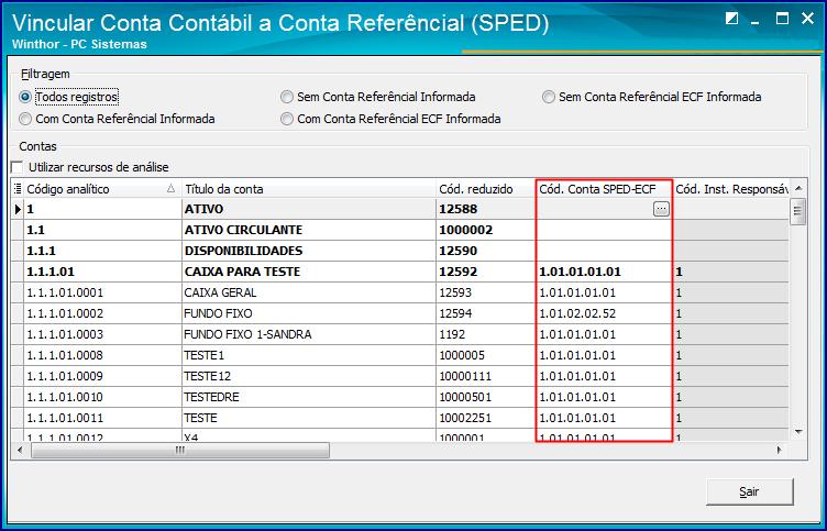 3. Observe que aparecerá uma nova coluna para realização do vínculo de cada conta contábil às contas referenciais do Sped ECF. No exemplo abaixo já foram vinculadas algumas contas para o Sped ECF.