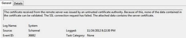 O Mensagem de Erro indica que o certificado recebido do servidor remoto esteve emitido por um Certificate Authority não confiável.
