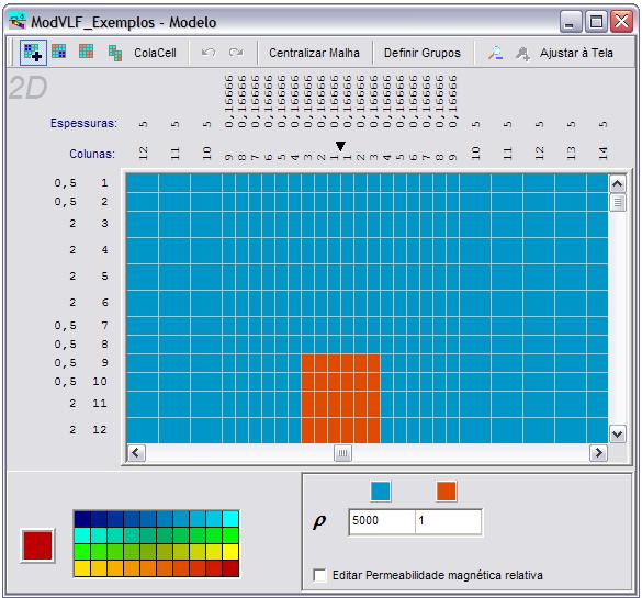 físicas (resistividade, permeabilidade magnética relativa ou PFE) associadas a cada cor, além de ferramentas para edição das cores das células de acordo com a complexidade da geologia que se deseja