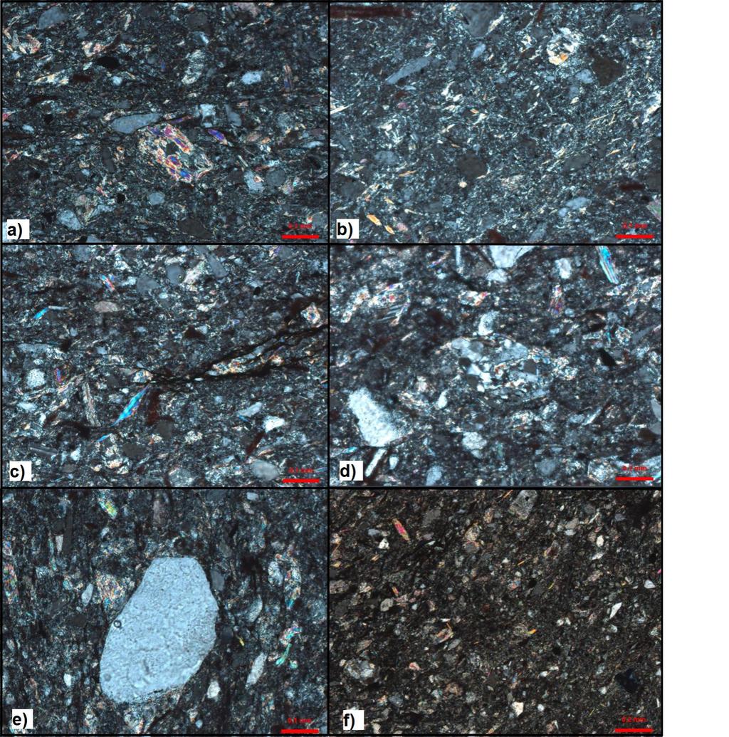 Figura 14: a) grão de feldspato com sericita E=0,1 mm; b, c e d constituintes micáceos, em maioria sericita que