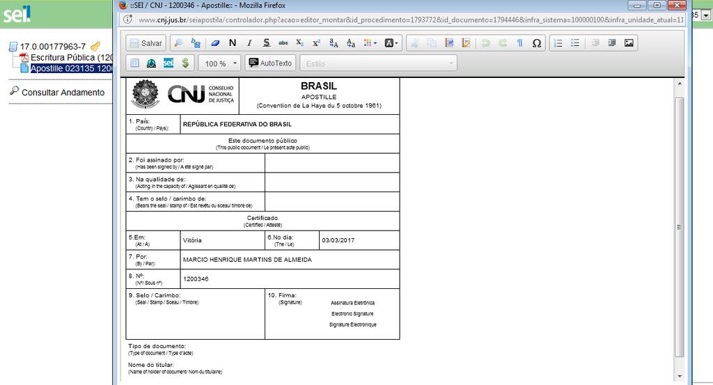 15) INSERINDO OS DADOS NA APOSTILA (física) Tendo conferido os dados que surgirem na interface, o usuário clicará sobre o ícone "APOSTILLE", e o layout da apostila lhe será apresentado.