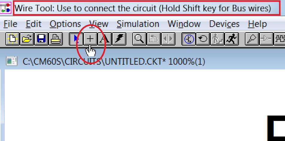 Para interligar os componentes (com fios ) utilizamos a ferramenta wire. Perceba que agora o mouse tem o formato de um sinal de +.