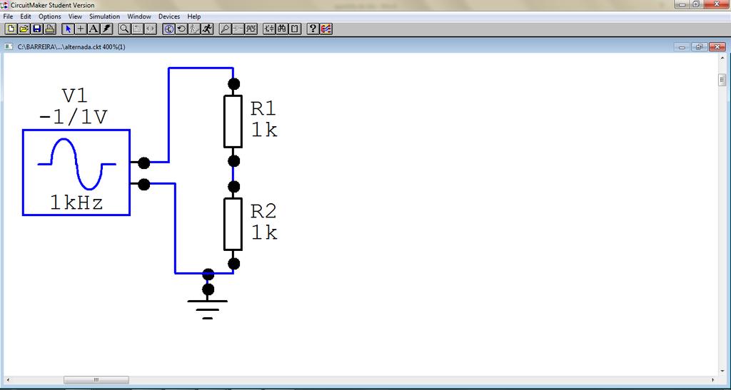 Veja este circuito. Dois resistores ligados a um gerador. Ao mandar simular, a tela ficará da forma como mostrado a seguir Multímetro. Osciloscópio.