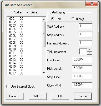 Será aberta então a caixa Edit Data Sequencer onde serão realizadas as configurações do dispositivo descritas abaixo: Neste local, vc informará ao dispositivo da existência de um clock externo.