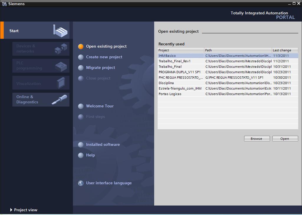Iniciar - > Programas - > TIA Portal V11 2 Clique em Create new project, para criação de um novo