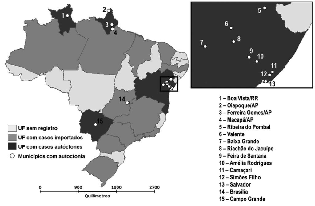 Figura 2 Distribuição dos casos importados de febre de chikungunya, por, e dos casos autóctones, por municípios de residência, Brasil, 2014 e 2015 Atividades desenvolvidas pelo Ministério da Saúde 1.