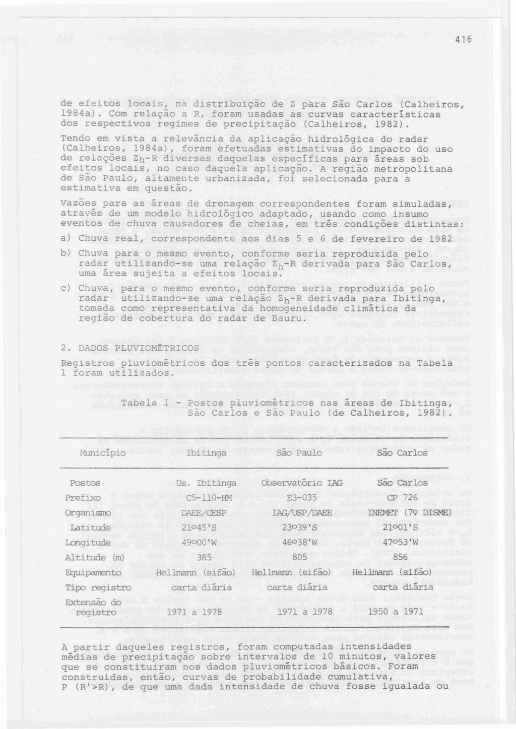 416 de efeitos locais, na distribuição de Z para são Carlos (Calheiros, 1984a). Com relação a R, foram usadas as curvas características dos respectivos regimes de precipitação (Calheiros, 1982).