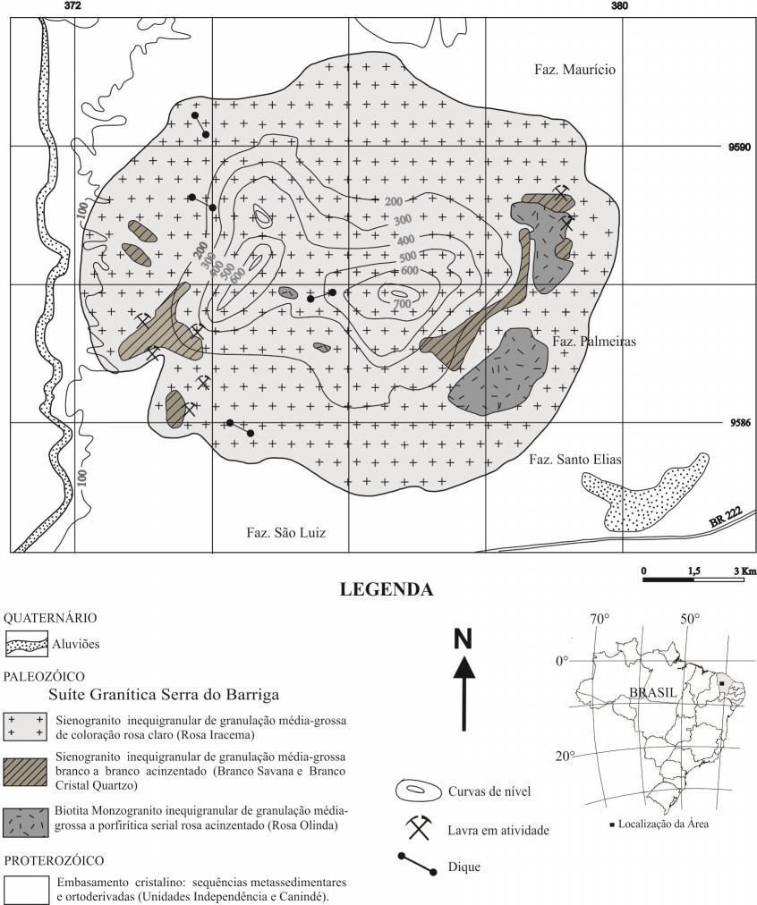 Figura 1 - Mapa geológico simplificado do stock Granítico Serra do Barriga (CE); modificado de Cavalcanti et al. (2003).