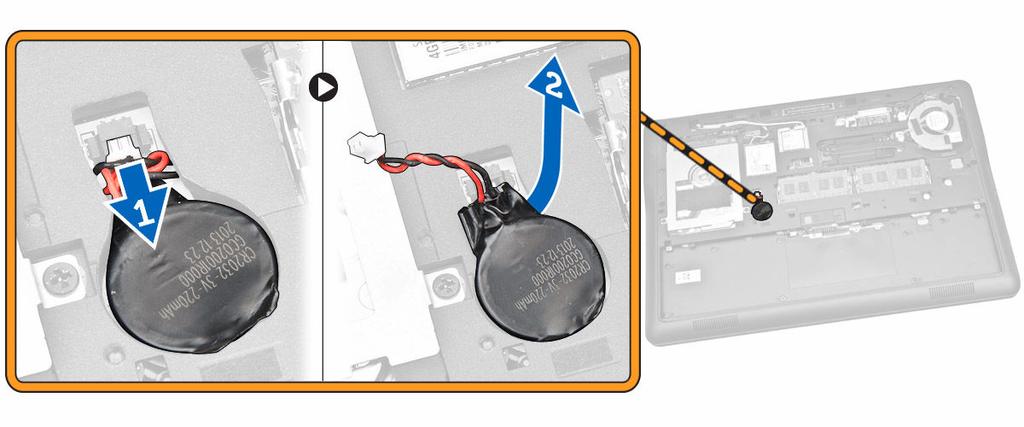 Como instalar a bateria de célula tipo moeda 1. Insira a bateria de célula tipo moeda em seu lugar no computador. 2. Conecte o cabo da bateria de célula tipo moeda ao seu conector na placa do sistema.