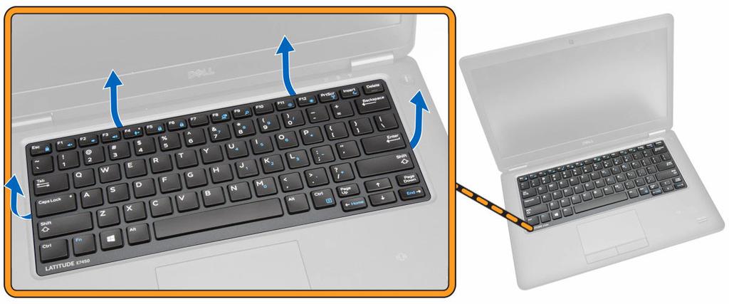 Como remover o acabamento do teclado 1. Siga os procedimentos descritos em Antes de trabalhar na parte interna do computador. 2. Remova a bateria. 3.