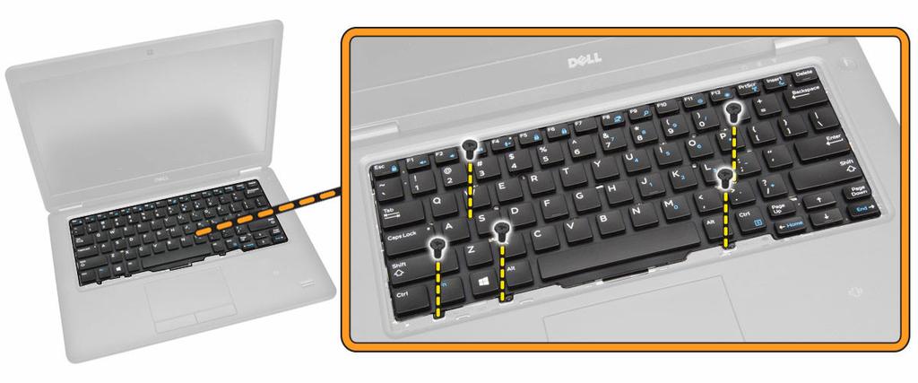 4. Remova os parafusos que seguram o teclado ao computador. 5. Execute as etapas a seguir, conforme mostradas na ilustração: a. Retire o teclado para soltá-lo do computador [1] b.
