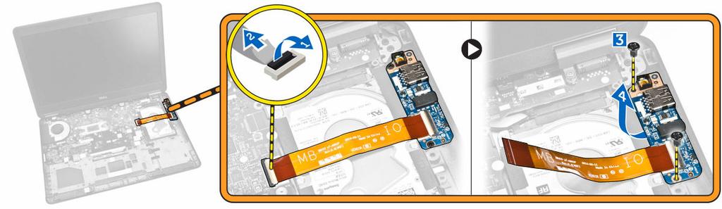 Como remover a placa de E/S 1. Siga os procedimentos descritos em Antes de trabalhar na parte interna do computador. 2. Remova: a. bateria b. tampa da base c. disco rígido d. acabamento do teclado e.