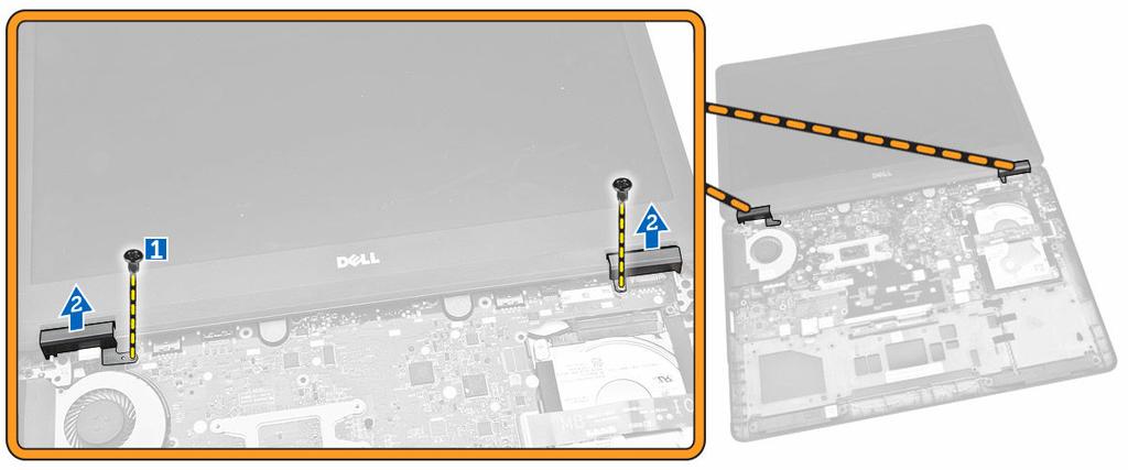 Remova as tampas da dobradiças da tela do computador [2]. Como instalar a tampa da dobradiça da tela 1.