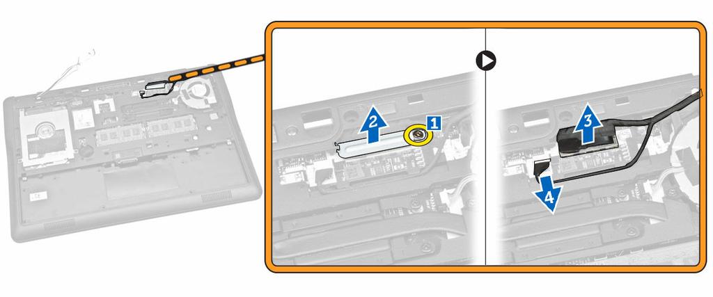 apoio para as mãos 3. Libere os cabos da WWAN e da WLAN dos canais de roteamento. 4. Execute as etapas a seguir, conforme mostradas na ilustração: a.