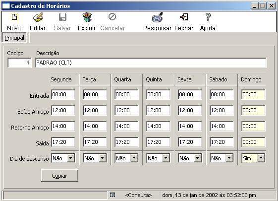 Clique duas vezes no horário que deseja visualizar, e abrirá uma tela como mostra a seguir: Você poderá alterar os campos ou criar novo quadro de horário, de acordo com sua necessidade.