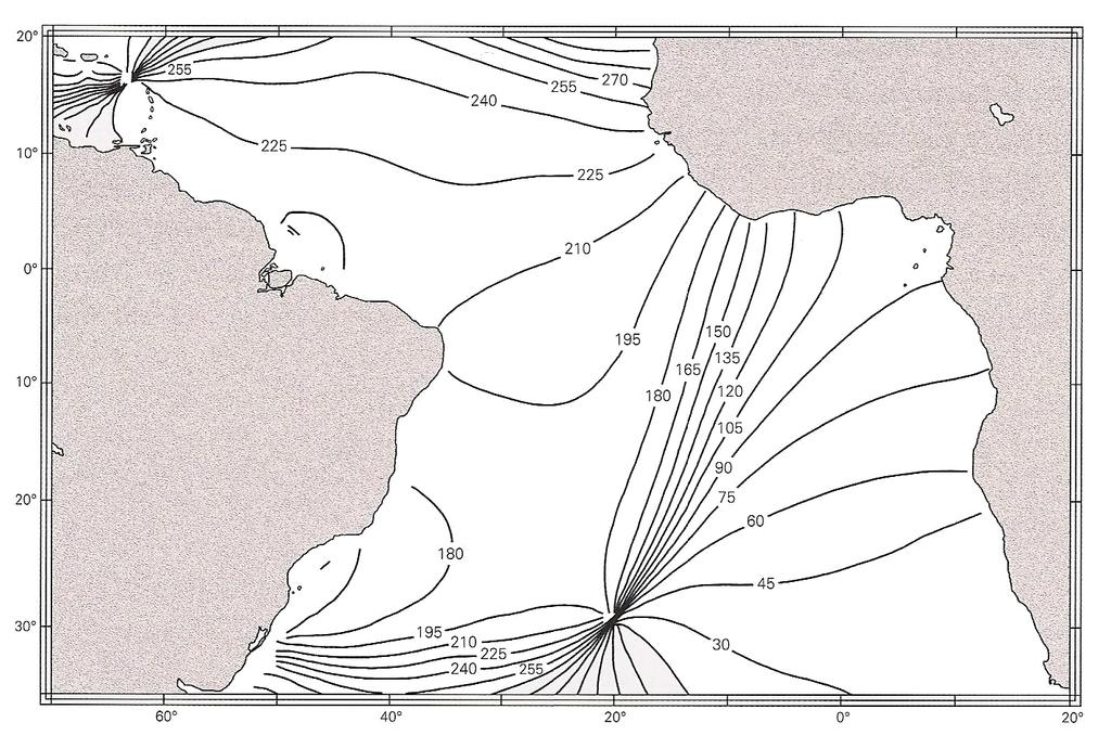 CAPÍTULO 1. INTRODUÇÃO 19 Figura 1.15: Fase em relação a Greenwich, em graus, da constituinte M2 de maré, mapeada por Castro [1996] a partir de altimetria de satélite de Cartwright et al (1991). dias.